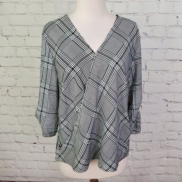 Black White Plaid Wrap Top M W5 - Picture 1 of 6